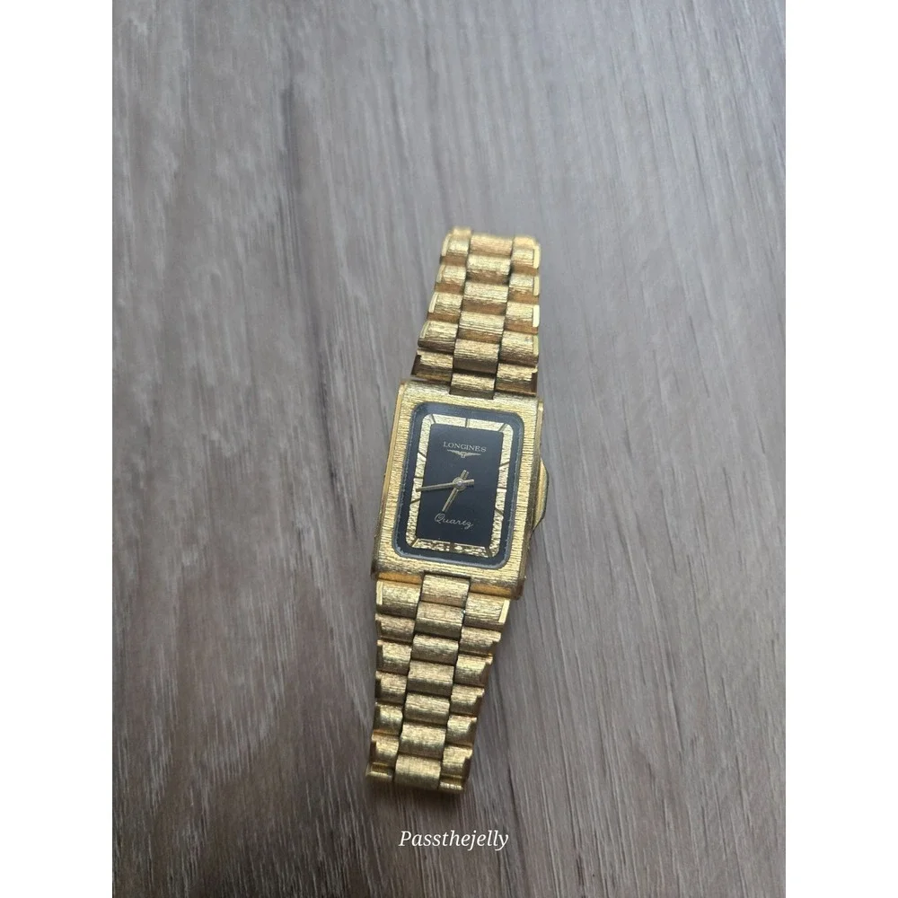 Longines Watch Mens Gold Tone Rectangular Black Dial Quartz Dress Bracelet Vtg
